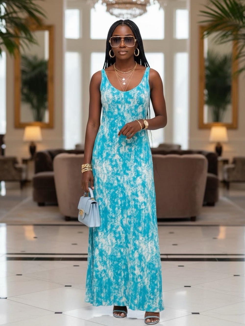 Tart Collections Turquoise Tie Dye Sleeveless Maxi Dress Size M Excellent